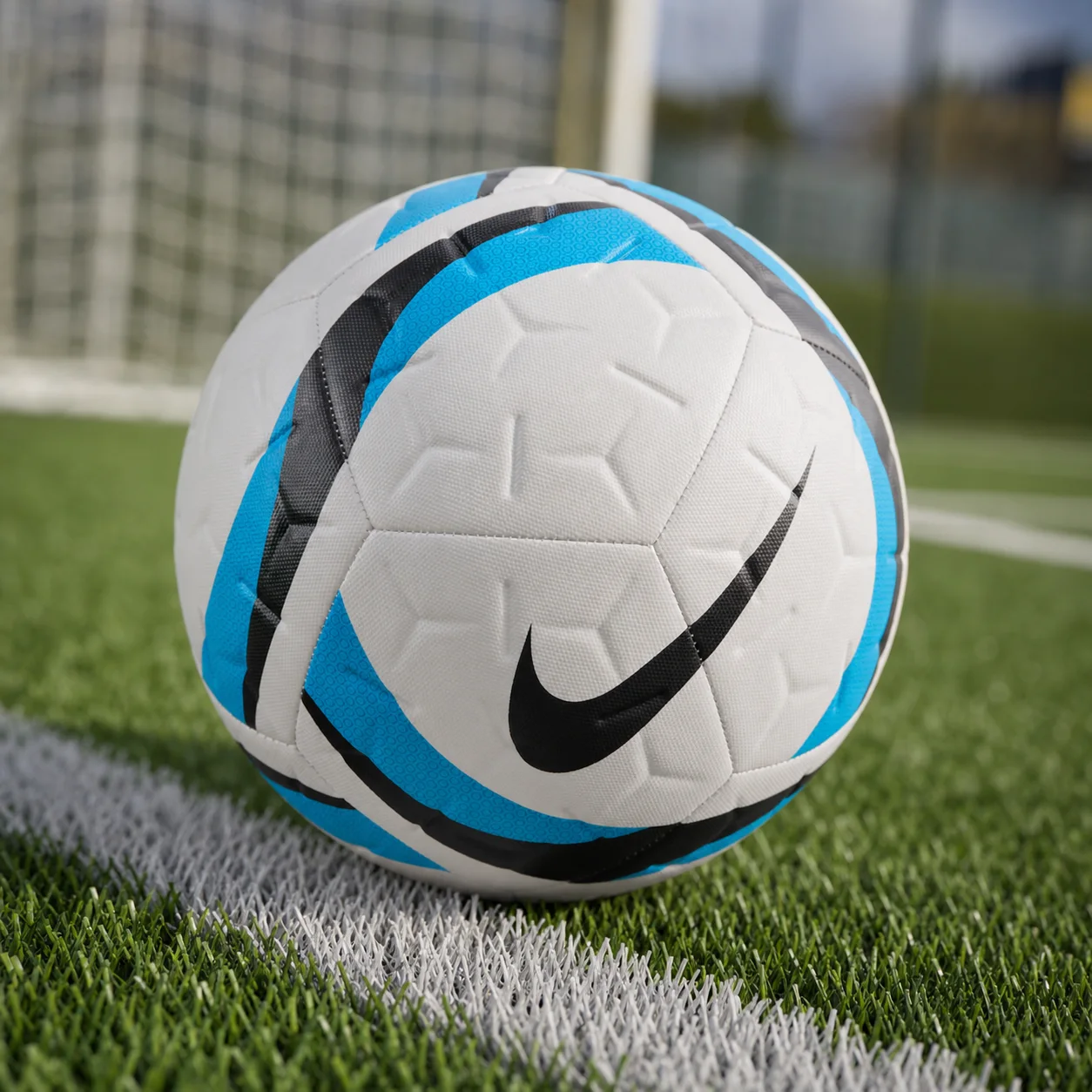 Foto da bola de futebol Nike Academy branca sobre gramado sintético