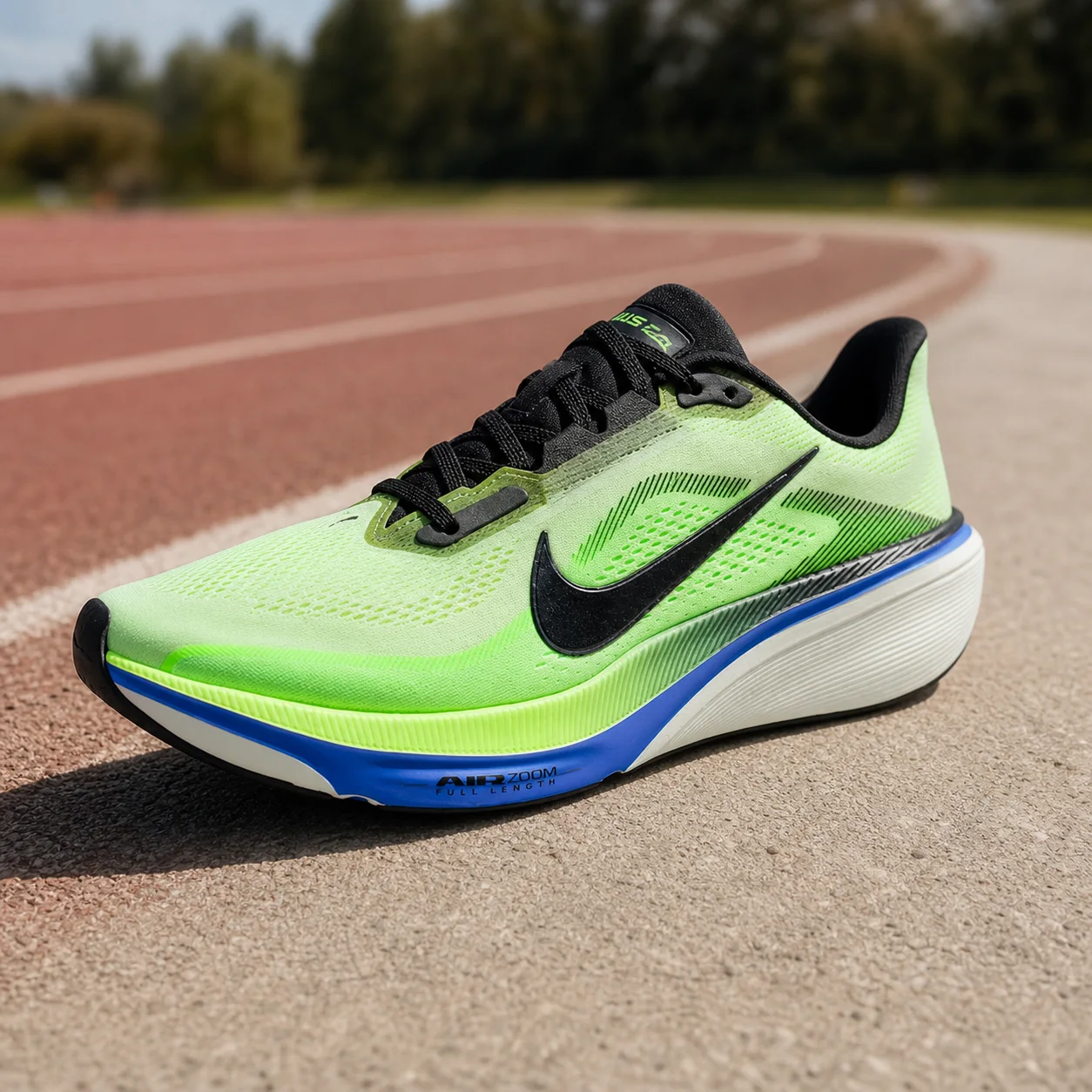 Foto do tênis Nike Air Zoom Pegasus 42 verde em uma pista de corrida